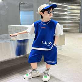 童装男童时髦夏季2024字难看中大童韩版洋气休闲宽松假两件套装潮