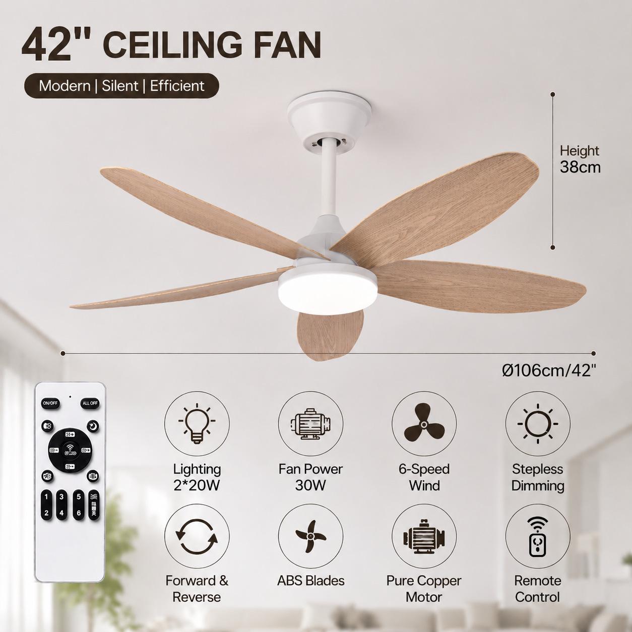 Ventilador de Techo con Luz de ABS y PC, con Control Remoto, Motor DC, para Sala de Estar y Comedor