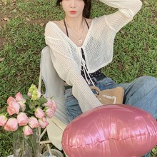 韩系V领系带上衣开衫清新风防晒针织衫外搭薄款网格镂空罩衫女夏