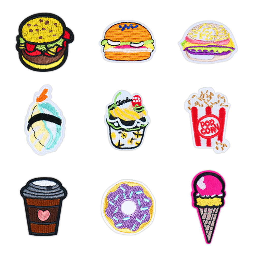 厂家直销卡通布贴汉堡冰激凌咖啡刺绣补丁贴箱包鞋帽装饰贴