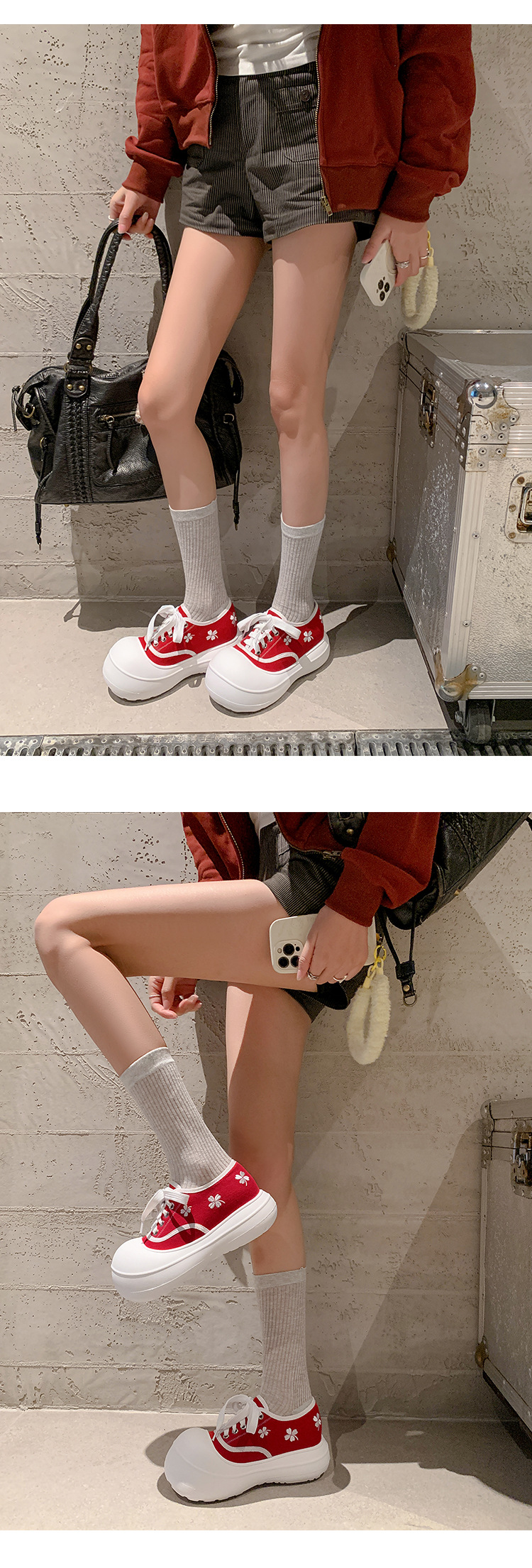 Giày sneaker nữ chunky đế dày thêu hoa mùa xuân 2026 — màu đen, màu vàng, màu đỏ chi tiết 9