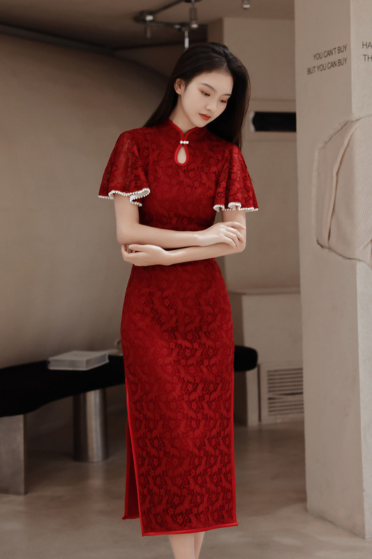 2025 New Summer Improved Version of Cheongsam, New Lace Red Festive Daily Wearable Waist-Cinching Dress