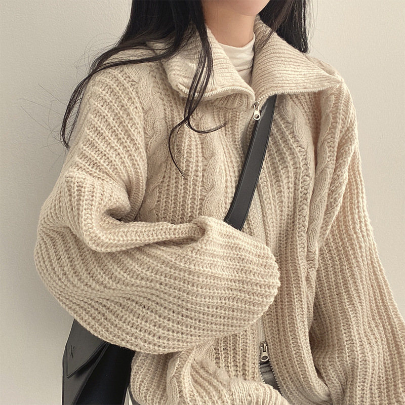 2025 New Autumn and Winter Lapel Sweater Women's Korean Style Lazy Style Thickeneded Twist Double-Ended Zipper Long-Sleeved Knitted Cardigan 2025 New Autumn and Winter Lapel Sweater Women's Korean Style Lazy Style Thickeneded Twist Double-Ended Zipper Long-Sleeved Knitted Cardigan
