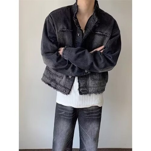 Vintage Flared Collar Washed Padded Shoulder Men's Korean Style Autumn Short Jacket Set Trendy