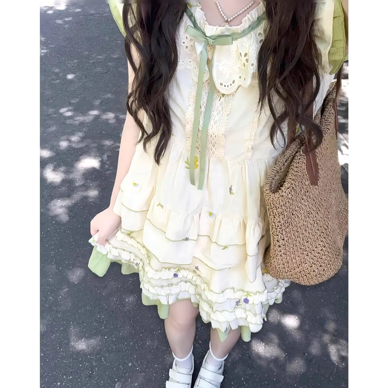 学院风小清新穿搭一整套女夏甜美花朵刺绣碎花连衣裙两件套小个子|undefined
