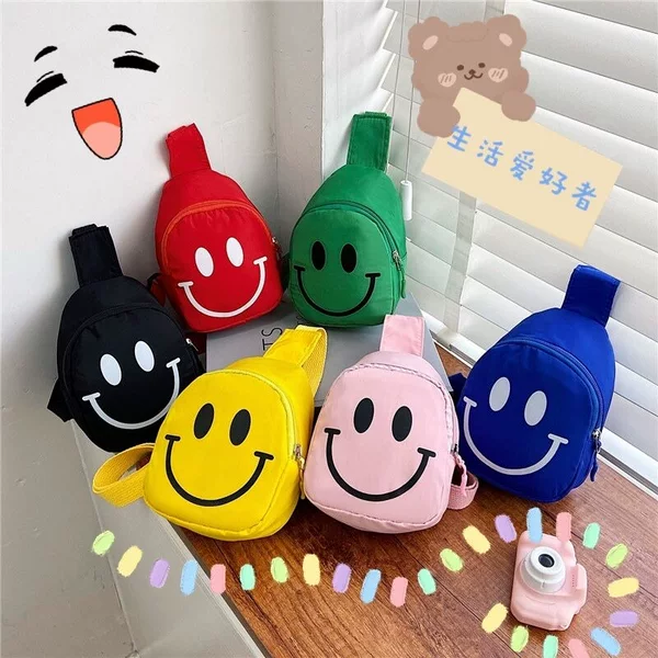 Factory children's smiling face chest bag baby shoulder bag kindergarten small satchel boys and girls sports outdoor waist bag wholesale