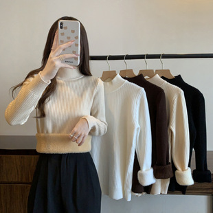 2024 plus size One-piece Velvet fleece-lined Thickened Half-turtleneck Sweater Pit Slim-fit Base Knit Top