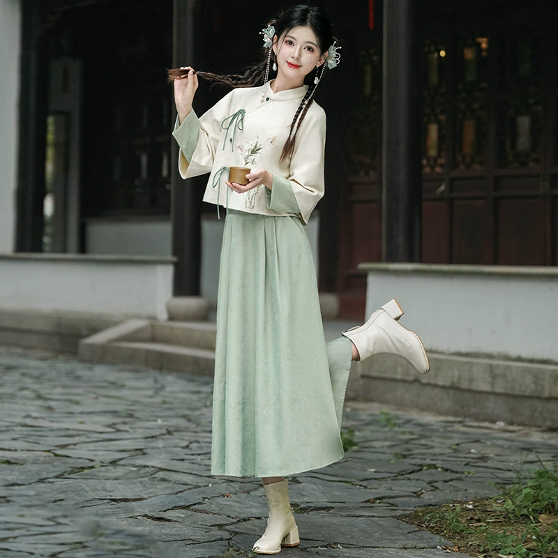 Ethnic long-sleeve, skirt, set, Chinese style, ethnic style, with embroidery