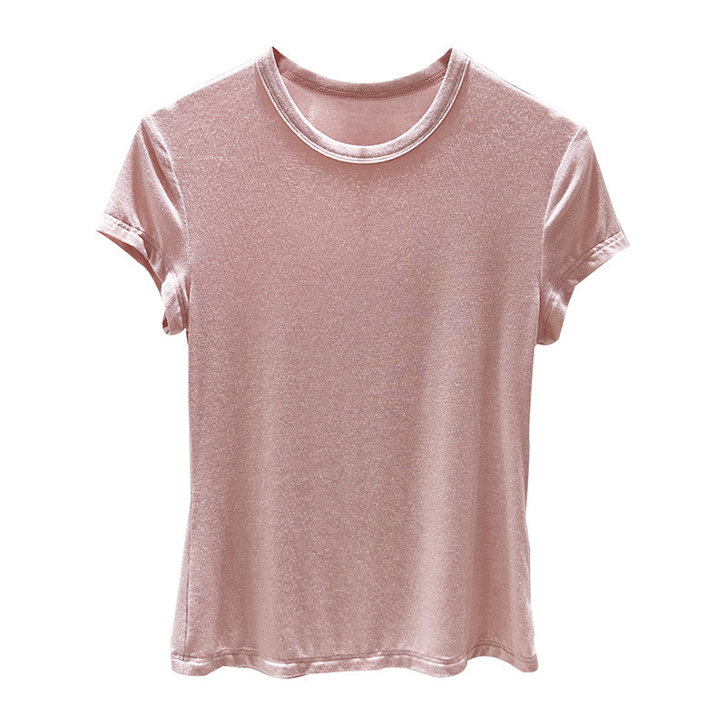 アプリコットラウンドネックニットトップレディース夏右肩半袖モーダルTシャツ薄手スリムインナーレイヤリングシャツ|undefined