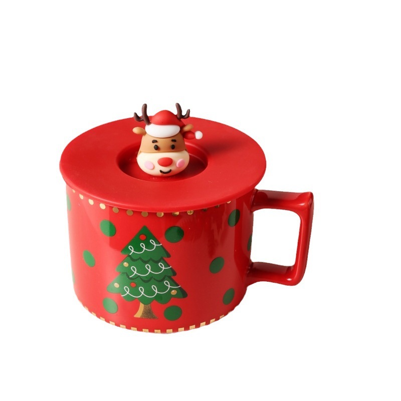 かわいいヘラジカクリスマス祭りギフトカップ家庭用セラミックカップマグカップ蓋付きスプーン付きカップルコーヒーカップ|undefined
