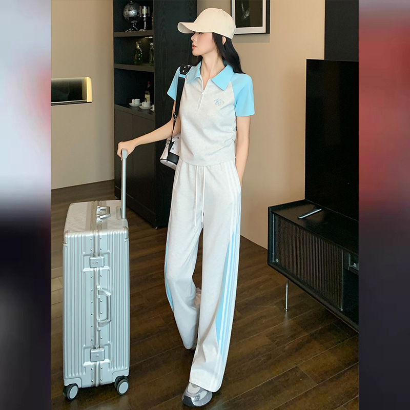 여성을 위한 유럽 브랜드 캐주얼 스포츠 슈트, 여름 패션, 연령 감소, 슬리밍 반팔 탑, 와이드 팬츠 투피스 세트