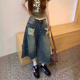 美式复古做旧牛仔裤女夏季高腰小个子直筒阔腿宽松显瘦七分裤子潮