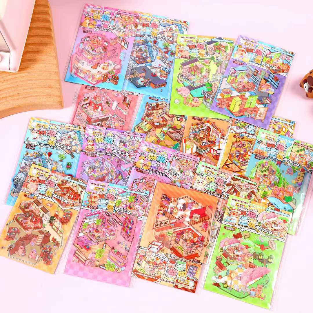 Mini original escena miniatura dibujos animados adorables pegatinas para niños 3D estereoscópicas hechas a mano diy pegatinas paisajísticas de almacenamiento