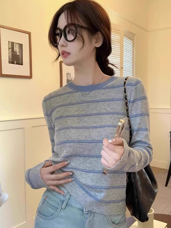 条纹撞色圆领正肩长袖针织衫t恤女春秋设计感洋气内搭打底衫上衣|undefined