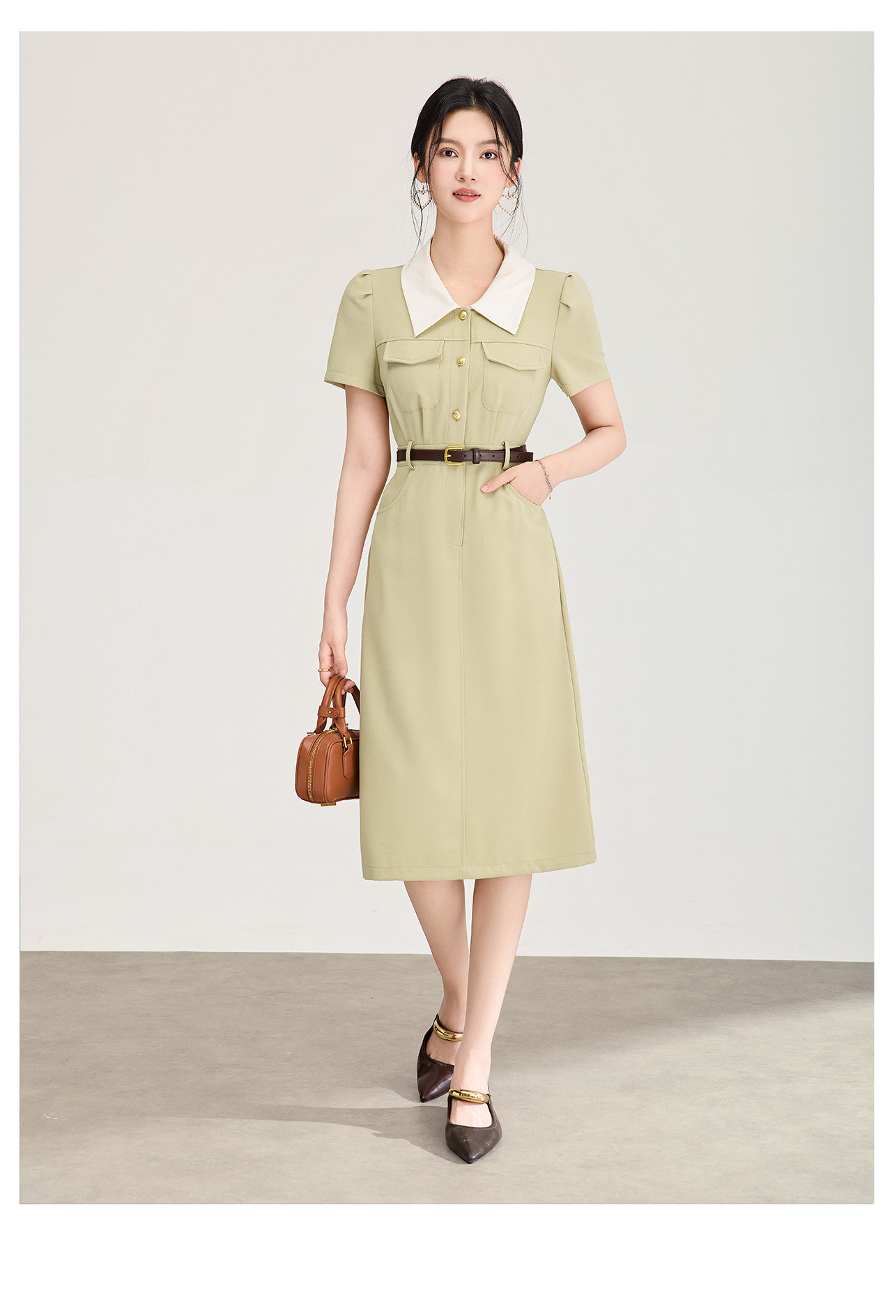 Đầm dài cổ sơ mi phong cách vintage nữ tay ngắn dáng suông — xanh lá cây chi tiết 11