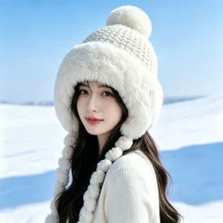 冬季保暖护耳毛绒帽女户外滑雪防寒针织帽加绒加厚显脸小毛线帽子