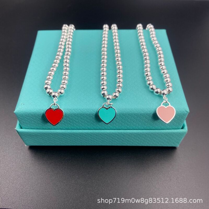 T's Classic S925 Heart-Shaped Enamel 4mm Beads Heart Double Chain Blue Red Pink Pendant Round Beads Girls Bracelet