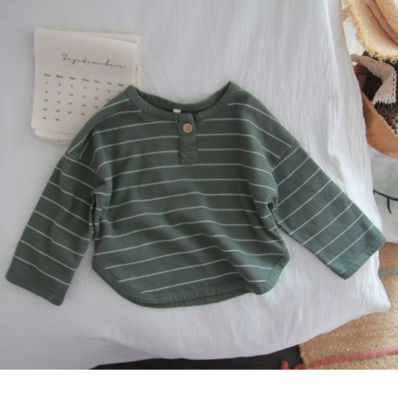 新しい男の子のレトロな文学風韓国風子供ストライプ Tシャツ西洋スタイルラウンドネックベビーボトリングシャツ春の新しい T|undefined