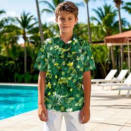 国际站外贸儿童短袖衬衫远古恐龙骨骼印花夏季被单布上衣一件起订