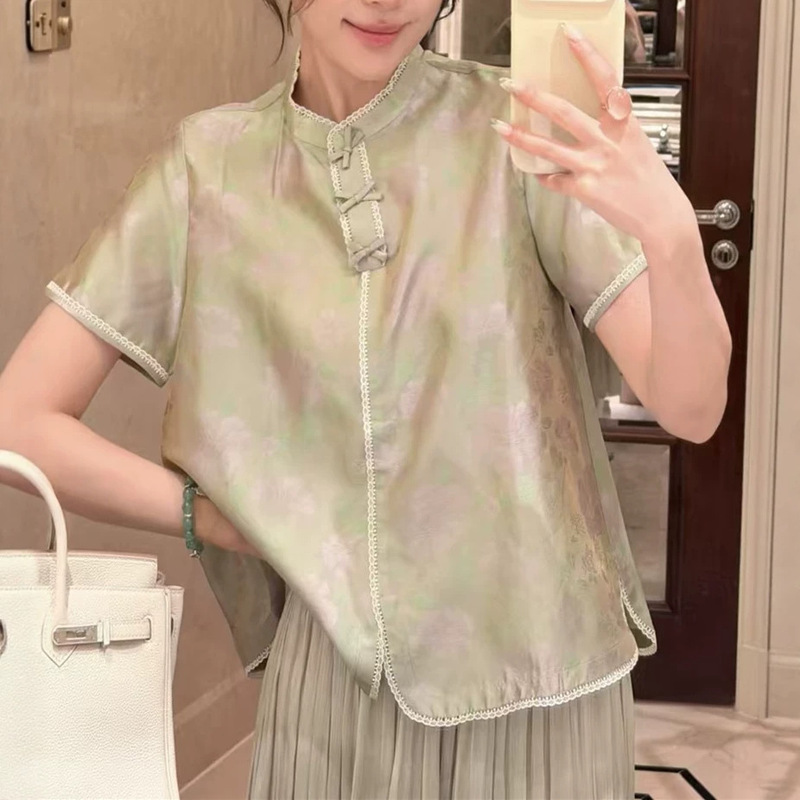 Summer Style New Chinese-Style Silk Shimmering Brocade French Lace Short-Sleeved Casual Age-Reducing Shirt