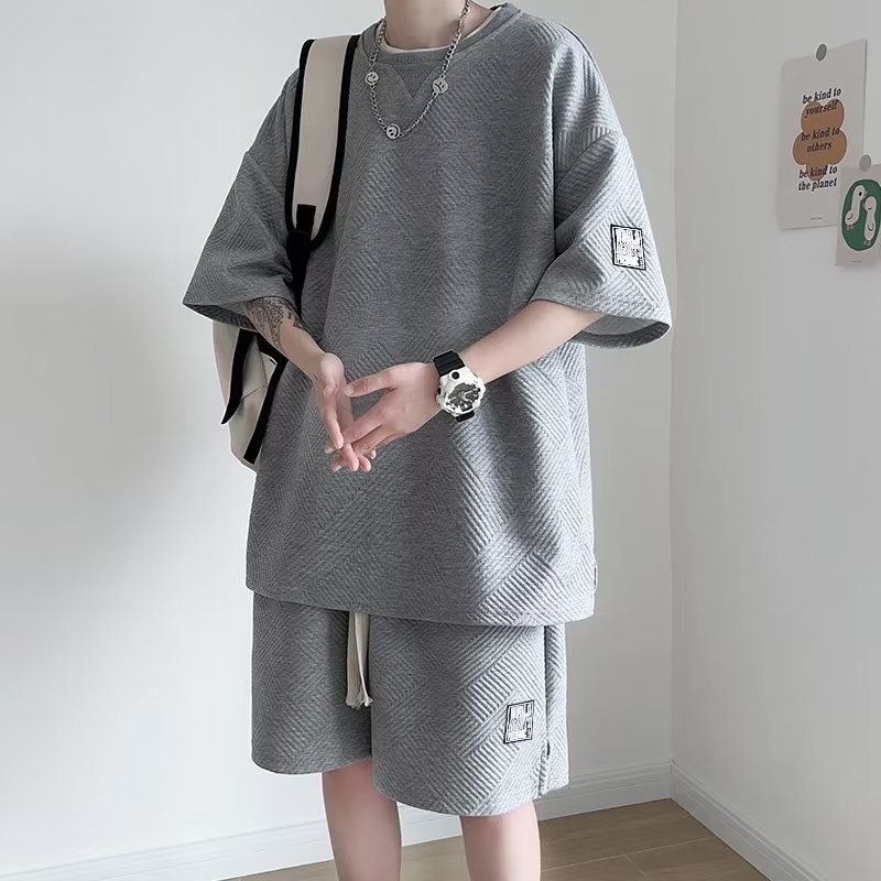 Ice Silk Waffle Short Sleeve T-Shirt Set for Boys And Teenagers Summer Casual Sports Shorts Stylish Outfit Regular Fit Micro-Elastic_viptrois.com