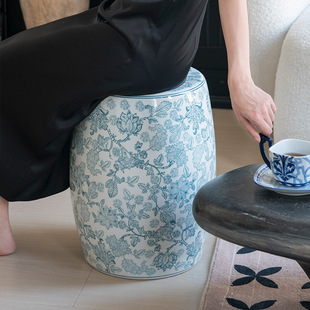 Menghua. French-Style Chinese Hand-Painted Blue and White Ceramic Drum Stool, Low Stool for Changing Shoes, Light Luxury Feel, Living Room Side Q&A