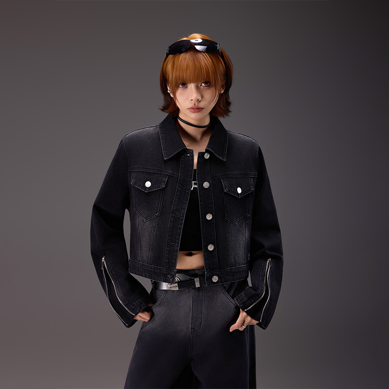 拓谷潮牌黑色短款牛仔外套女秋装新款工装夹克机车服小个子上衣女