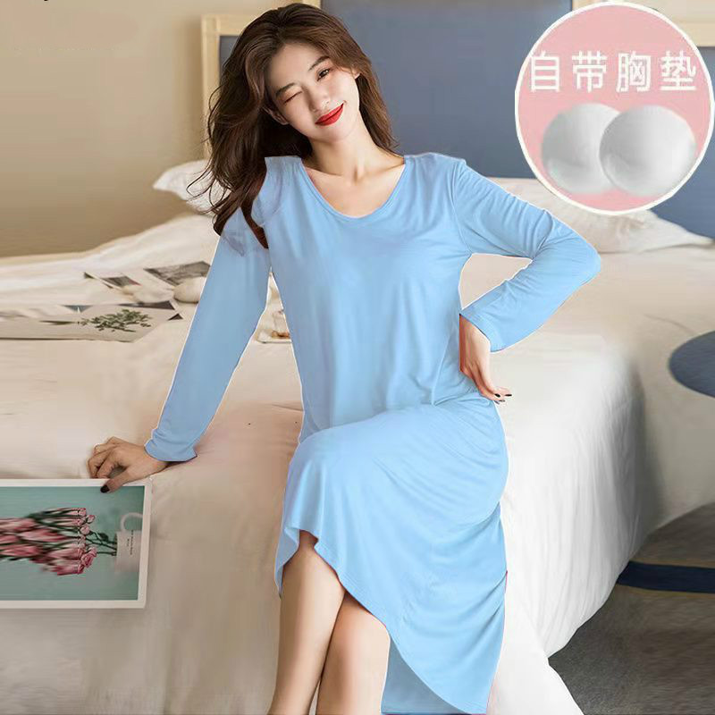 Primavera y otoño 2021 pijamas de mujer de manga larga de color sólido lindo Camisón de algodón de longitud media con almohadilla en el pecho ropa para el hogar se puede usar fuera
