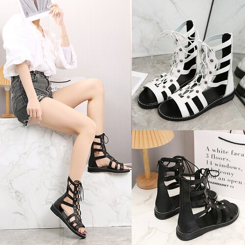 Women's Large Size Summer High-Top Open-Toe Ankle Boots with Roman Eyelets and Zipper Back