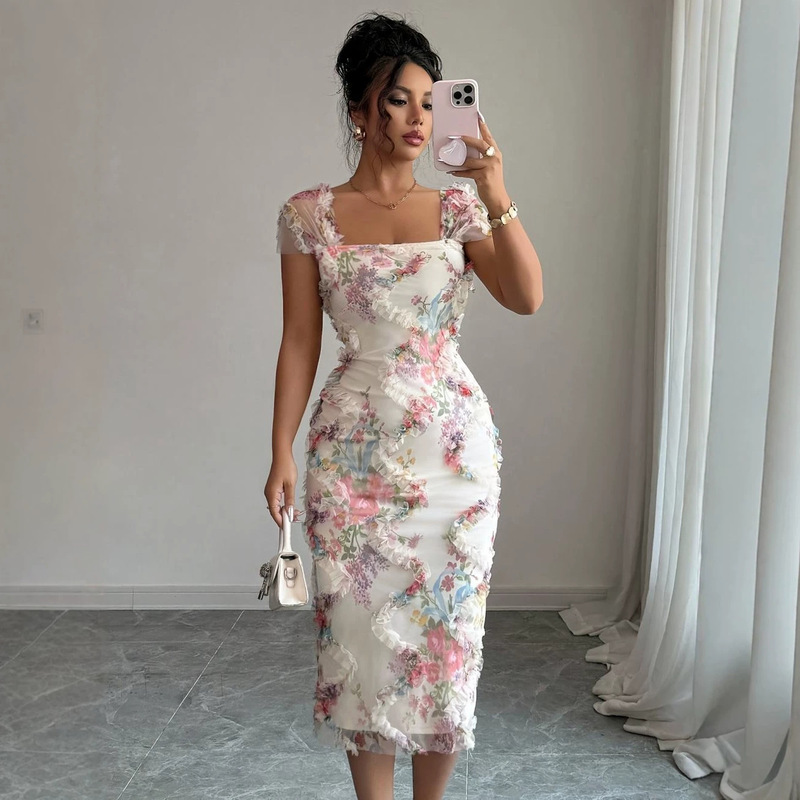 Cross-Border Foreign Trade European and American New Style Elegant and Romantic Mesh Floral Print Pleated Slim-Fit Dress for Women
