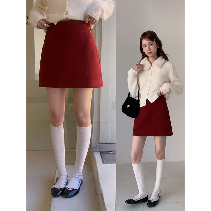 [Sunset Barcelona Wool Skirt] Gemei Three-Button Woolen Skirt Women's Winter A-Line Hip Skirt N885C