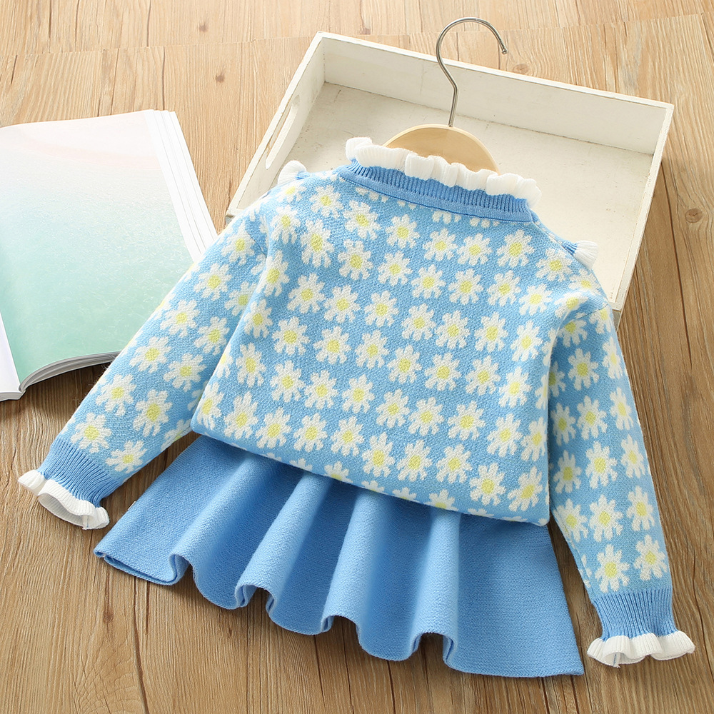 Girls' Sweater Set 2023 Autumn/Winter New Western Korean Edition Women's Treasure Flower Ear Edge Long sleeved_voghion.com