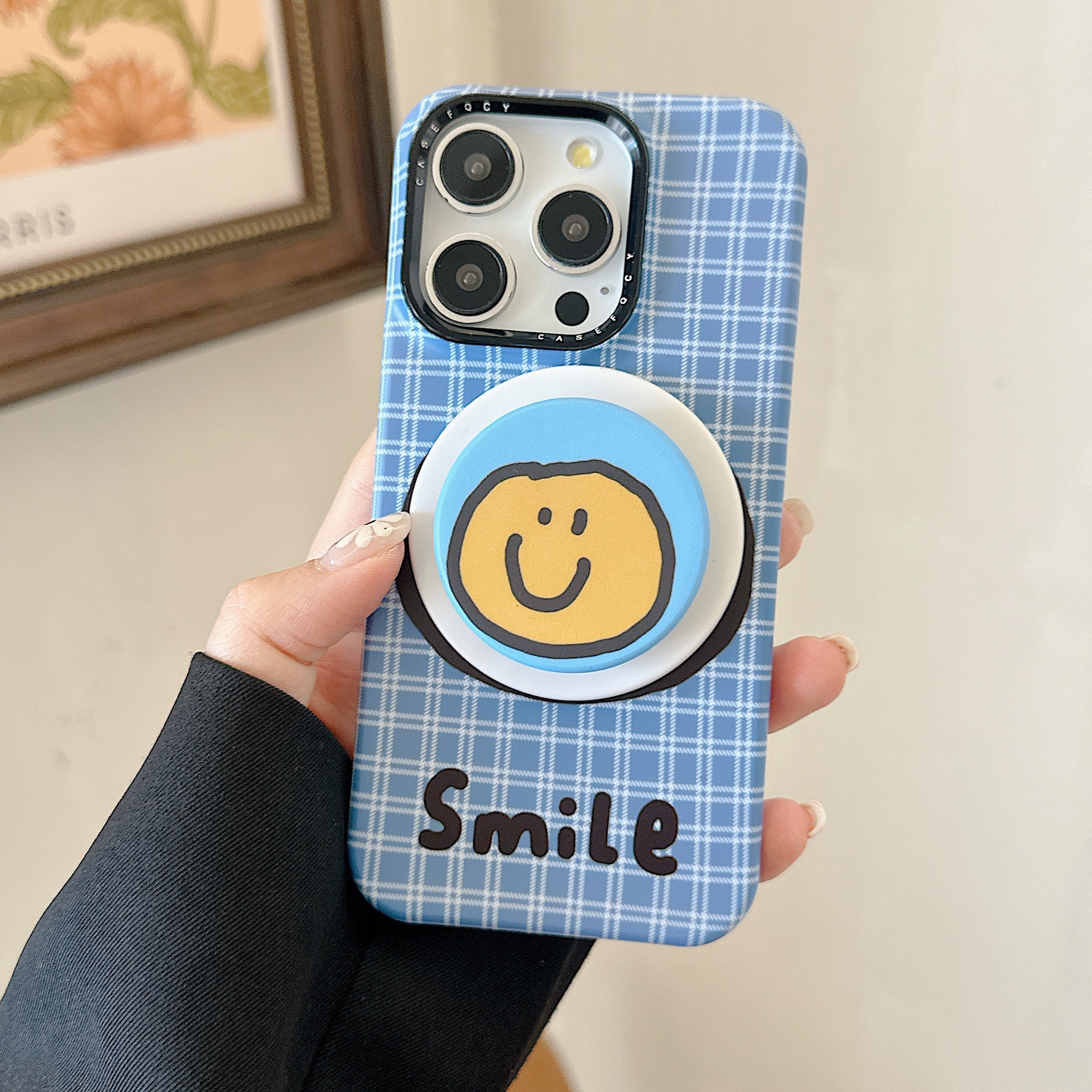 Smiley simple a cuadros azules para Apple 15ProMax funda para teléfono móvil 16Pro atracción magnética 14/13 personalidad 16PM