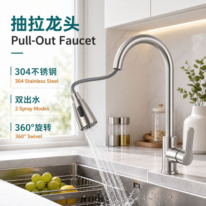 Kitchen Sink Pull-Out Faucet Stainless Steel Splash-Proof Pull-Out Hot and Cold Rotating Telescopic Faucet Wholesale Kitchen Sink Pull-Out Faucet Stainless Steel Splash-Proof Pull-Out Hot and Cold Rotating Telescopic Faucet Wholesale