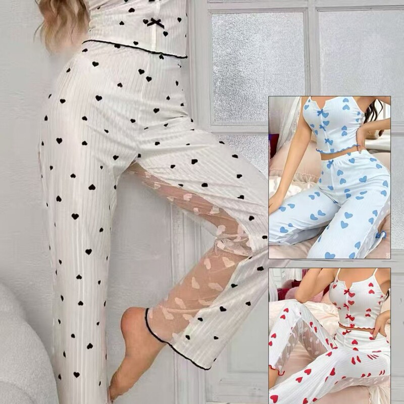 Cross-Border Sexy Sleepwear Transparent Mesh Sleeveless Camisole Two-Piece Set Women's Loungewear Long Pants Pajamas for Women Cross-Border Sexy Sleepwear Transparent Mesh Sleeveless Camisole Two-Piece Set Women's Loungewear Long Pants Pajamas for Women