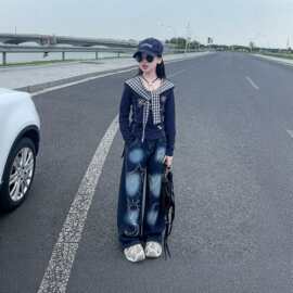 女童春秋披肩长袖T恤2026新款洋气时髦美式复古绣花牛仔裤两件套
