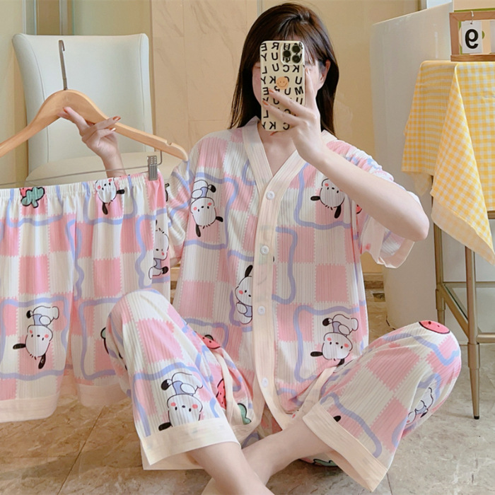 Nuevo estilo pijamas traje de tres piezas de las mujeres pijamas de estilo coreano de verano dulce ins estilo desgaste para el hogar conjunto de tres piezas entrega de una pieza