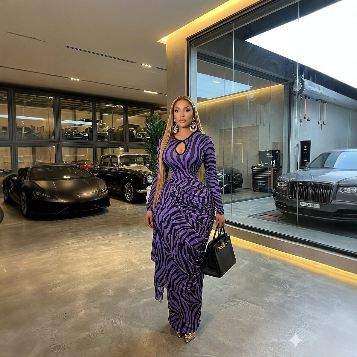2026 New European and American Cross-Border Plus Size Women's Clothing: Hot Girl Style Purple Zebra Print Dress with Hollowed-Out Long Sleeves and Waist-Cinching Long Skirt