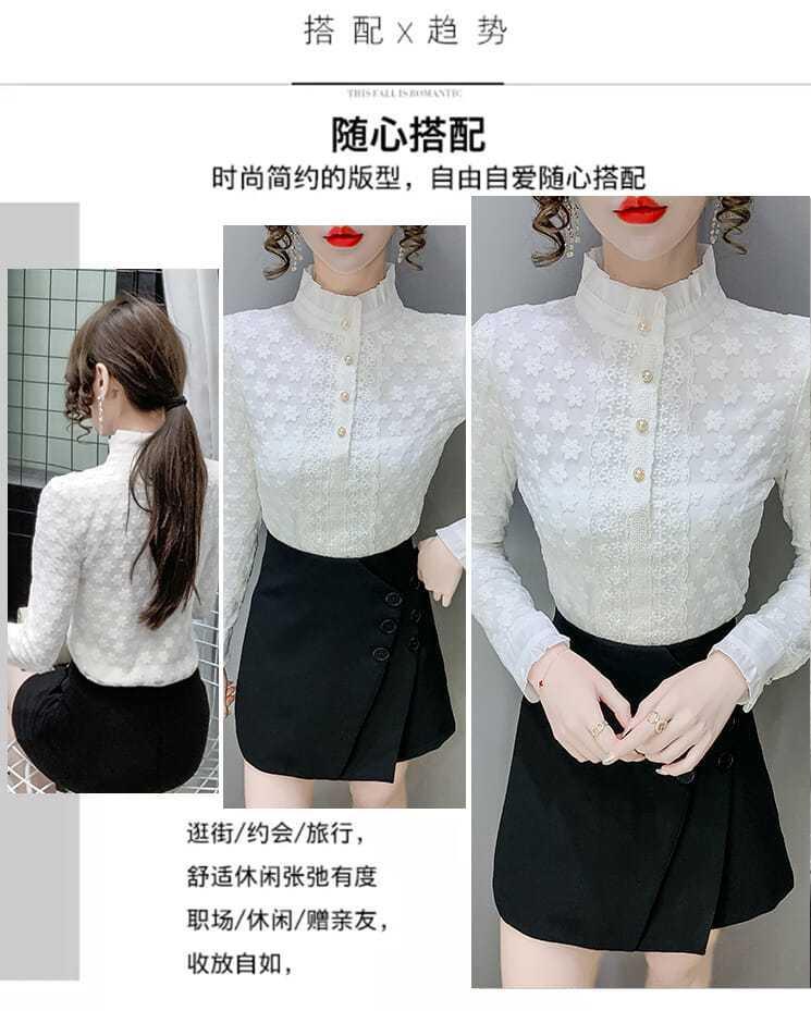 A high-end lace base layer shirt with added fleece and thickening for women in 2022, a stylish long-sleeved, warm and versatile top pic 3