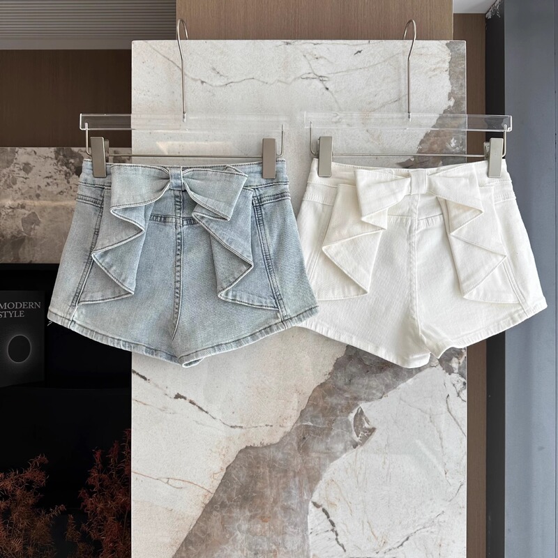 Designed Bow Denim Shorts for Women Summer 2025 New American Retro Petite Versatile Slimming Hot Pants