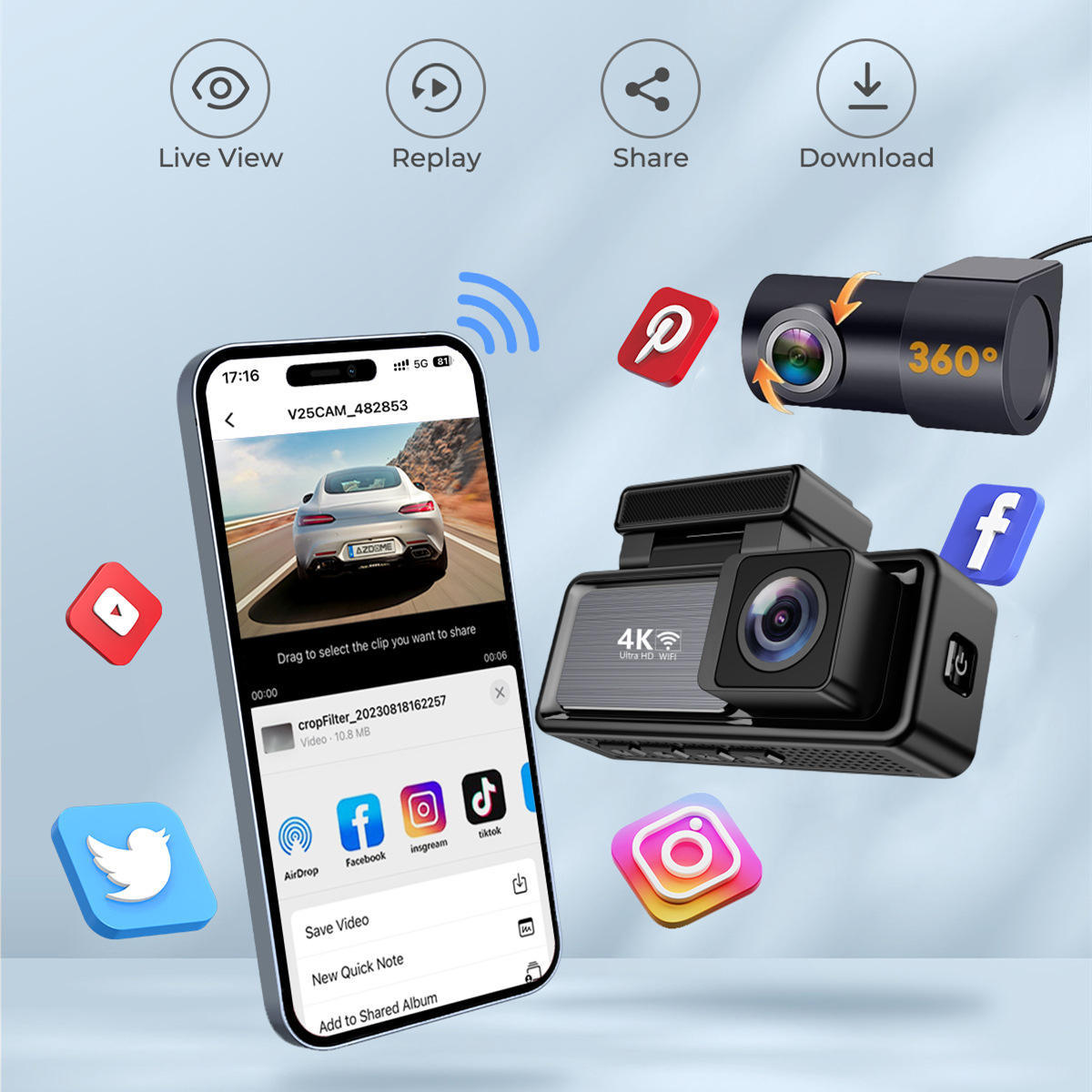 Car Camera with Ips Display, 4K Front and 1080P Rear, with Wifi, Dual Recording Front and Rear, High-Definition M6 Dash Cam