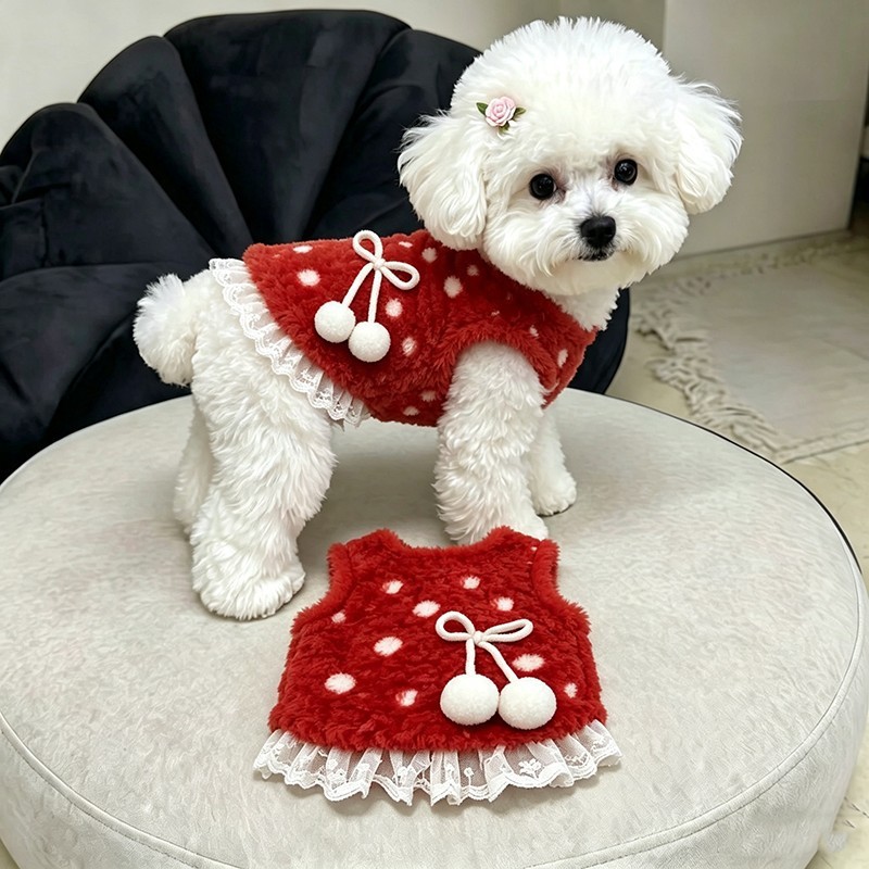 가을, 겨울 강아지 보온 기모 옷 빨간색 웨이브 레이스 기모 조끼 중소형견 테디 비숑