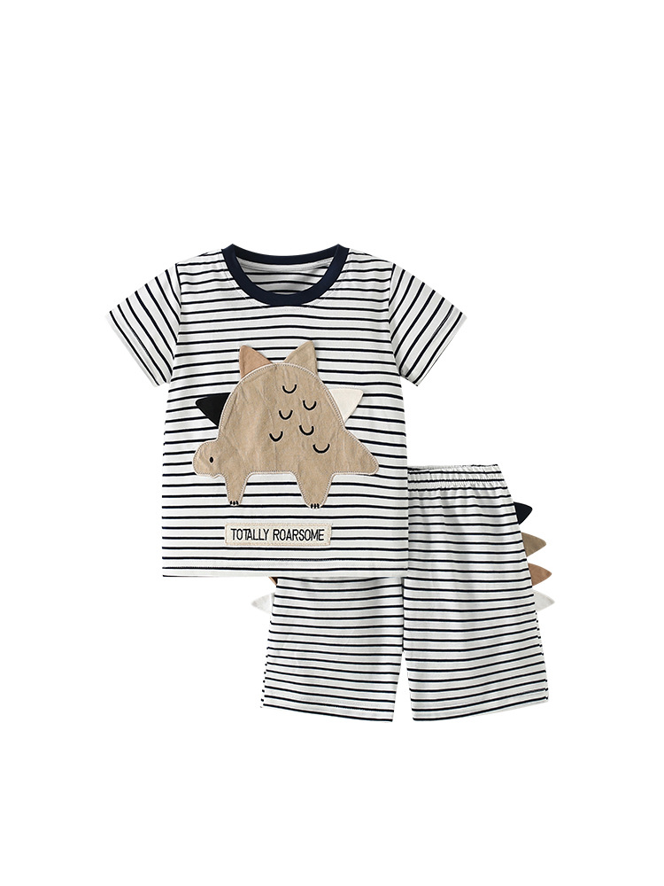 Malwee niño conjunto de rayas de verano nuevo estilo europeo y americano para niños cuello redondo casual pantalones de cintura elásticos de manga corta