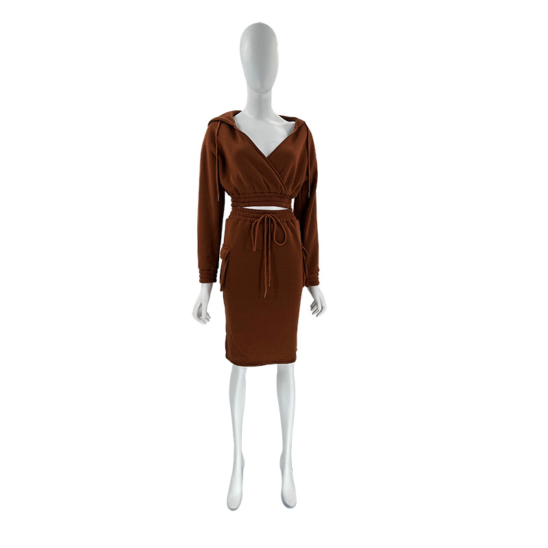 Women's Skirt Suit V Neck Hooded Solid Colour Long Sleeve Set_voghion.com