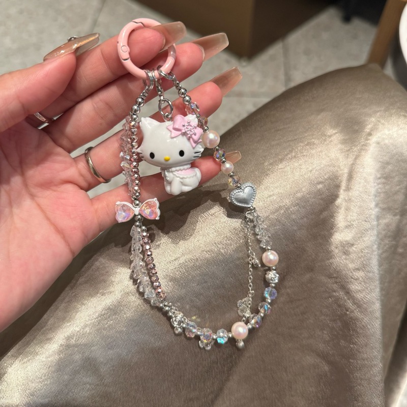 粉色蝴蝶结玛丽猫kitty串珠手机链少女心手机挂链钥匙扣链ccd挂件|undefined