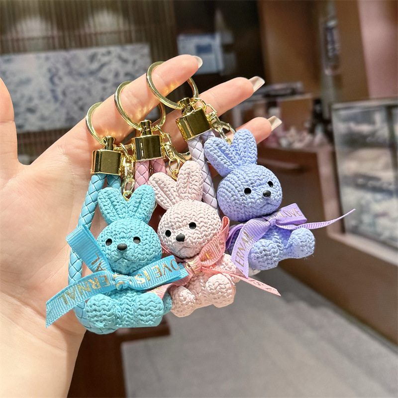 Cartoon Resin Sitting Posture Woven Rabbit Keychain Cute Couple Pendant Bag Pendant Car Keychain Wholesale