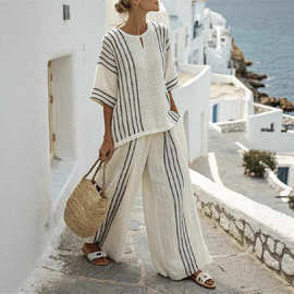 2026欧美跨境亚马逊独立站圆领休闲舒适条纹印花T恤阔腿裤套装女