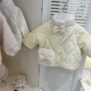 女童秋冬奶黄色加绒棉服女宝宝洋气可爱棉袄外套送包包潮0164A028