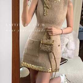 新品 /杨小鹭烁金连衣裙粗花呢镶边直筒毛呢连衣裙