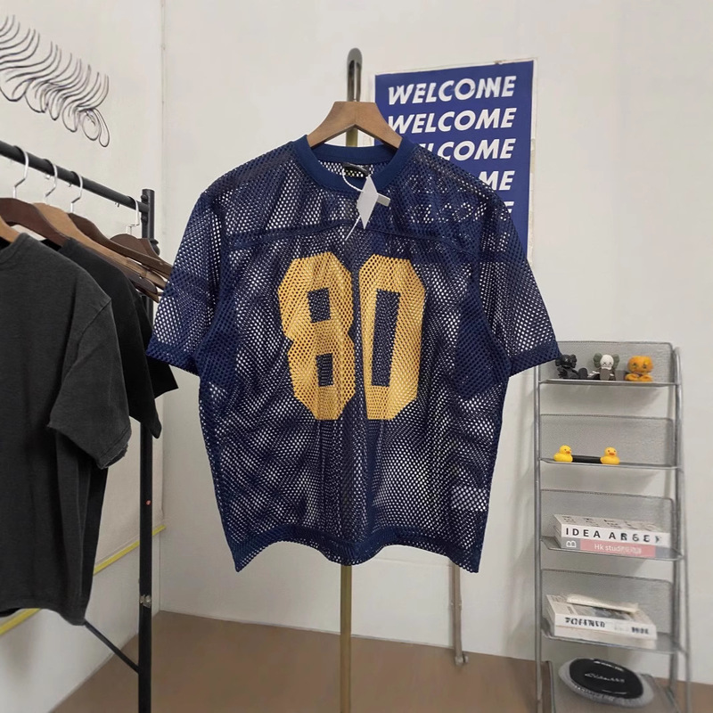 Summer New Street Sports Cut Out Mesh Rugby Uniform Digital Letter Printing Men's and Women's Casual Short-Sleeved T-Shirts